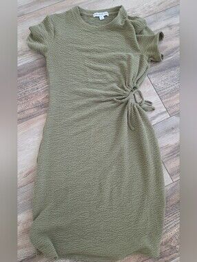 Olive Green Side-Tie Textured Short Sleeve Dress Size S